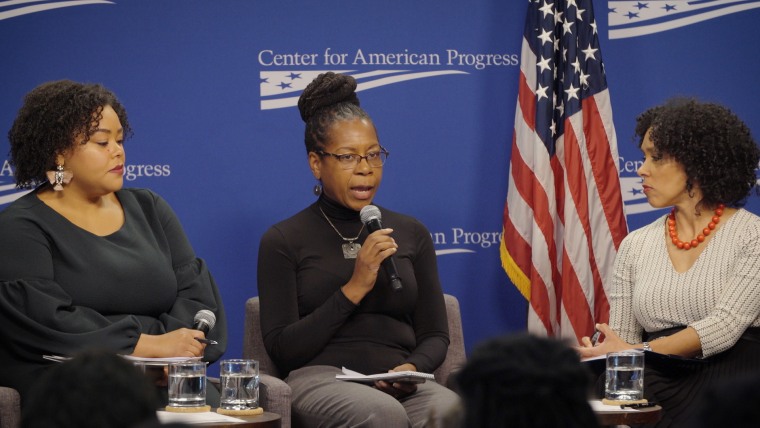 Jennie Joseph speaks on a panel at the Center for American Progress in Washington, D.C., about eliminating racial disparities in maternal and infant mortality in December 2018.