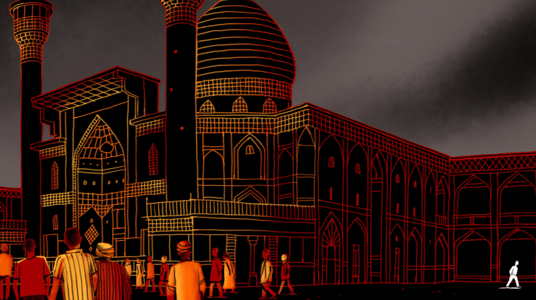 Image: Illustration of an isolated figure outside of a mosque.