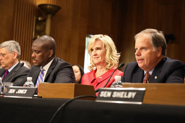 Sen. Doug Jones, D-Ala., introduces Alabama native Lynda Blanchard, the nominee for Ambassador to Slovenia, to the Senate Foreign Relations Committee on Aug. 16, 2018.