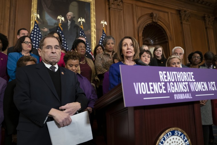 Image: Speaker of the House Nancy Pelosi calls to reauthorize the Violence Against Women Act at the Capitol on March 7, 2019.