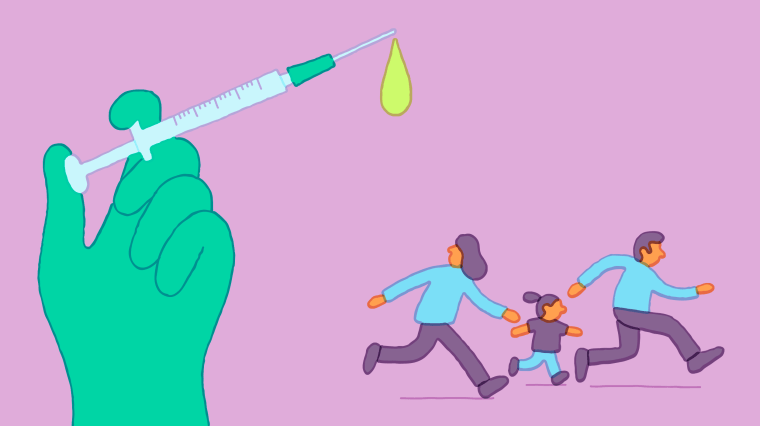 Illustration of family running away from a gloved hand administering a vaccine.