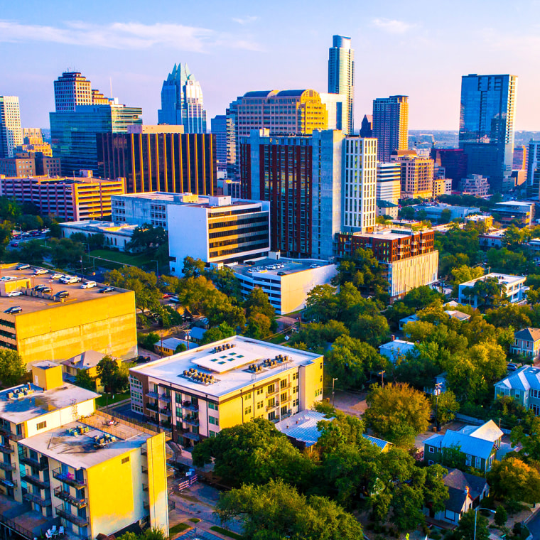 Image: Gorgeous sunset view of the skyline cityscape of Austin Texas Aerial Drone View