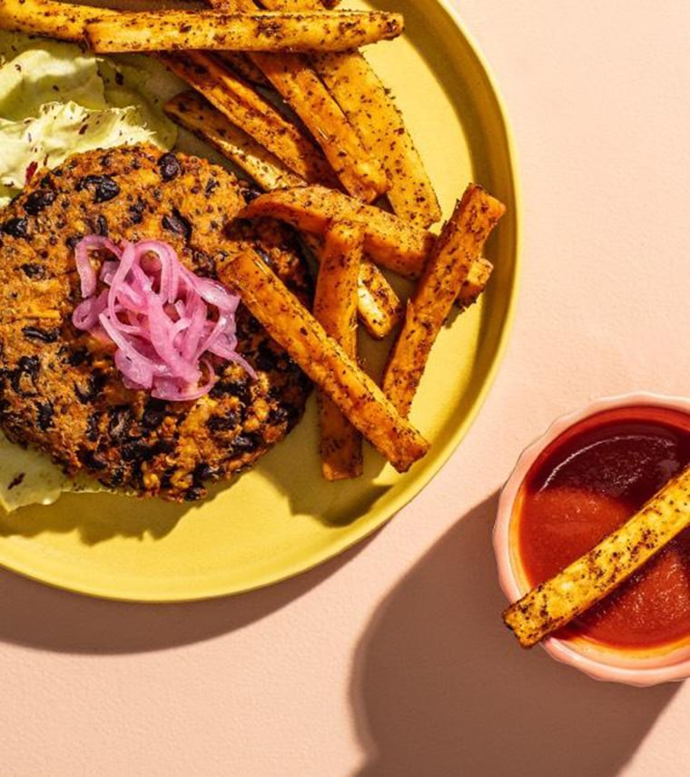 A sample meal from Plantable: a veggie burger with roasted sweet potato and parsnip fries. 