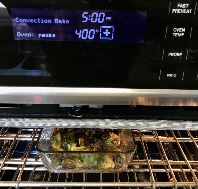 baking brussel sprouts in a Pyrex Simply Store glass container