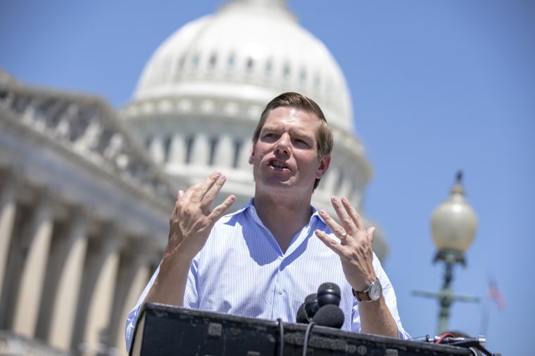 Image: Rep. Eric Swalwell, D-Calif., speaks at a news conference on Capitol Hill on July 10, 2018.