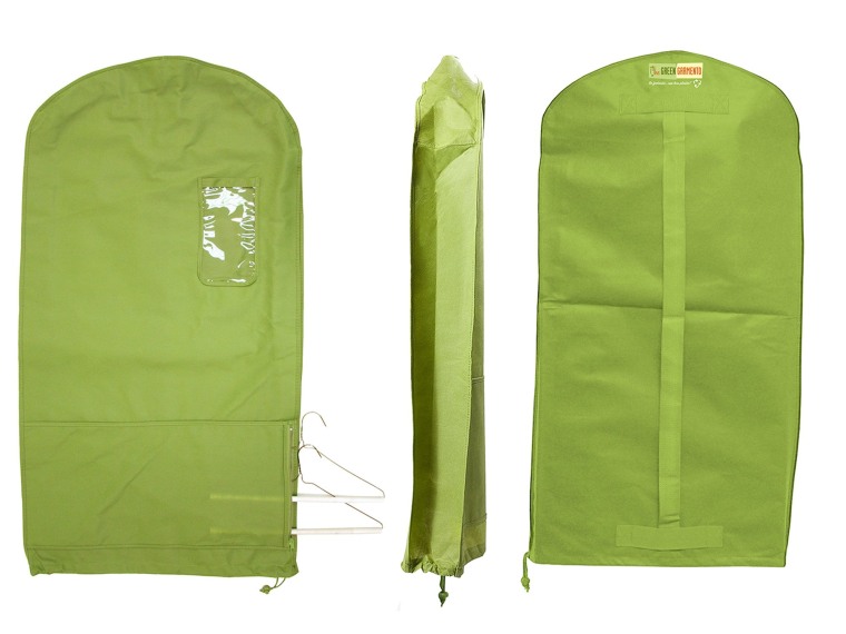 This photo provided by The Green Garmento shows one of the company's Green Garmento bags; an eco-friendly 4-in-1 reusable garment /duffel/ laundry bag that can help you green your dry-cleaning routine and eliminate plastic.