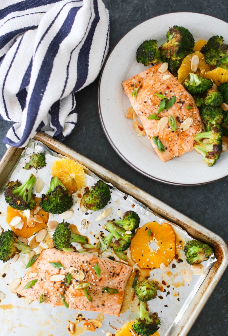 Sheet Pan Salmon with Charred Broccoli, Oranges, and Asian Dressing