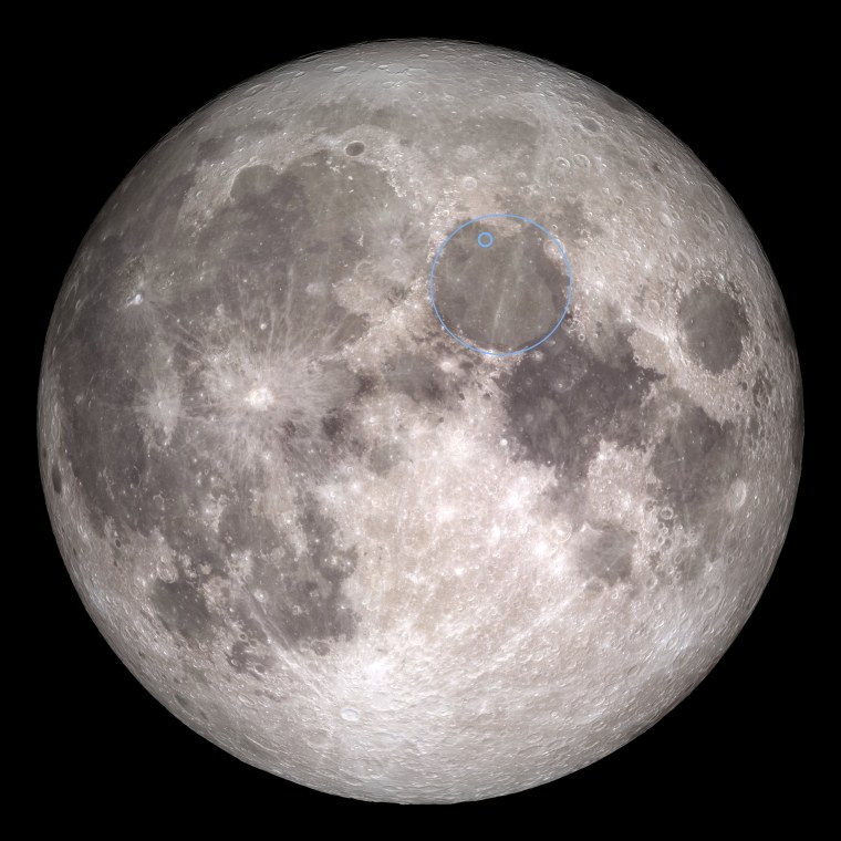 Image: Beresheet will touch down in Mare Serenitatis, the "Sea of Serenity," shown as the larger circle. The approximate landing site is in the inner circle.