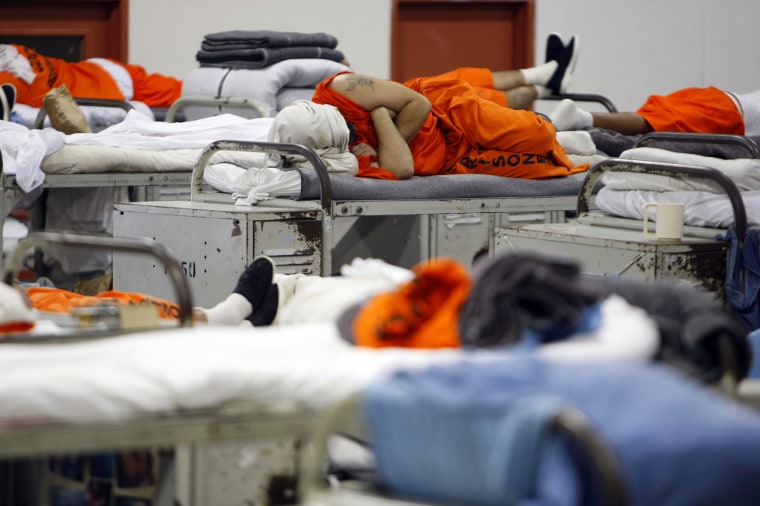 Image: Prisoners at the Richard J. Donovan Correctional Facility in San Diego, California are seen housed in a gymnasium due to overcrowding