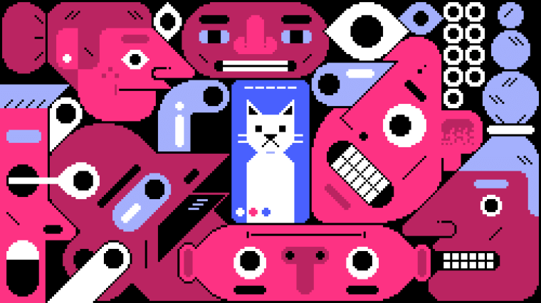 Illustration of heads watching an Instagram Story of a frowning cat.