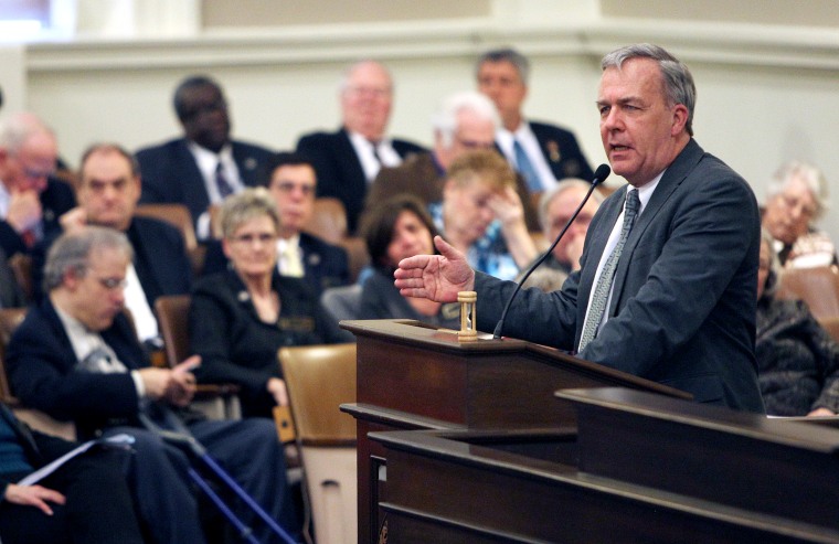 State Rep. Renny Cushing speaks on the house floor in favor of repealing the state's death penalty on March 12, 2014, at the Statehouse in Concord, New Hampshire.