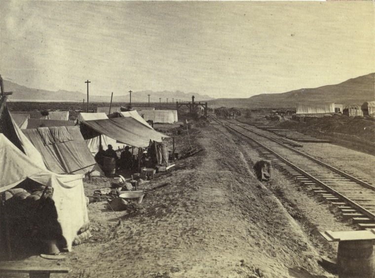 A camp of Chinese workers near Brown's Station of the Central Pacific Railroad.