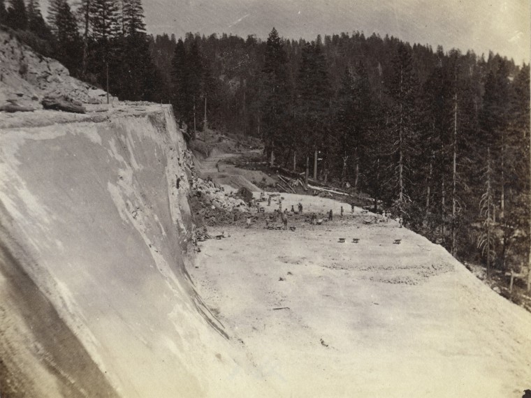 Image: Workers blast a 60-foot-deep cut above Alta, California