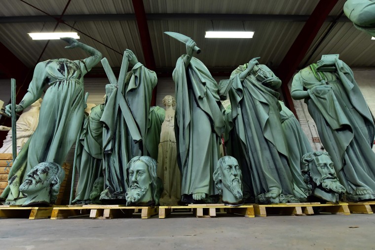 Image: Statues that around Notre Dame were recently removed for restoration