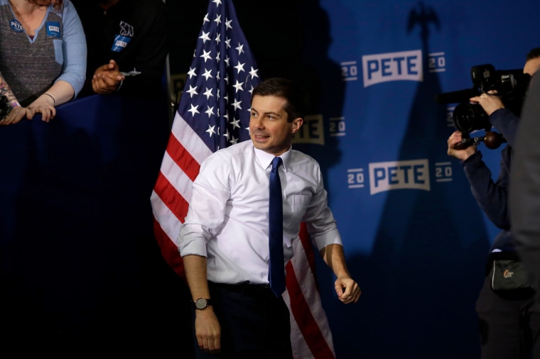 Image: South Bend Mayor Pete Buttigieg leaves the stage after announcing his presidential candidacy in Indiana on April 14, 2019.