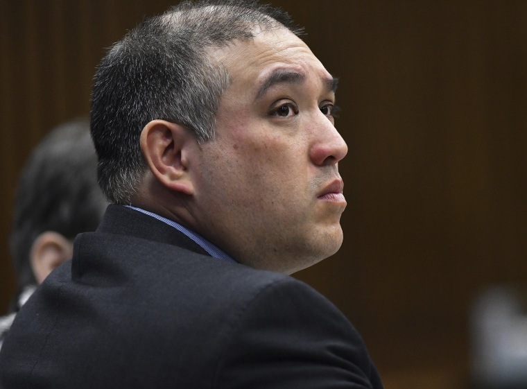 Image: Former Michigan state trooper Mark Bessner listens during opening arguments in court in Detroit on April 10, 2019.