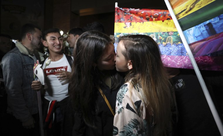 Image: Couples attend a "kiss-a-thon" to advocate for LGBT rights in Bogota, Colombia, on April 17, 2019.