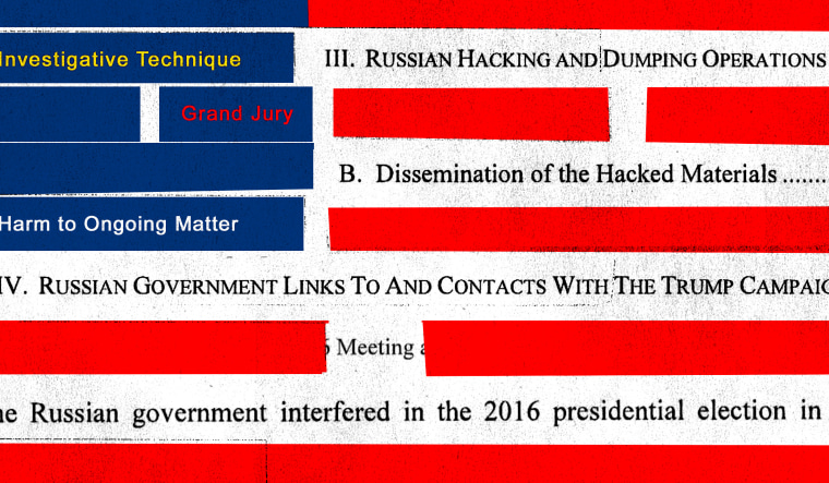 Illustration of Mueller report redactions creating an American flag.