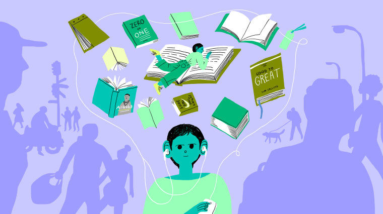 Illustration of woman listening to audiobooks.