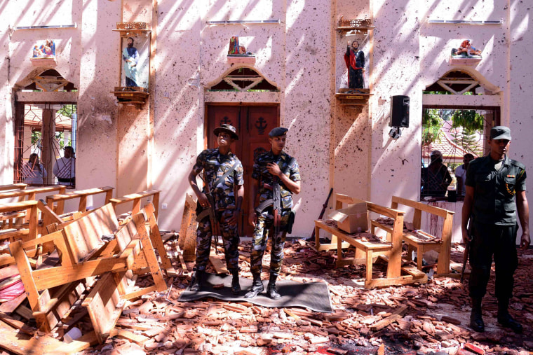 oldiers at the scene of the bombing at St. Sebastian's Church in Negombo, Sri Lanka