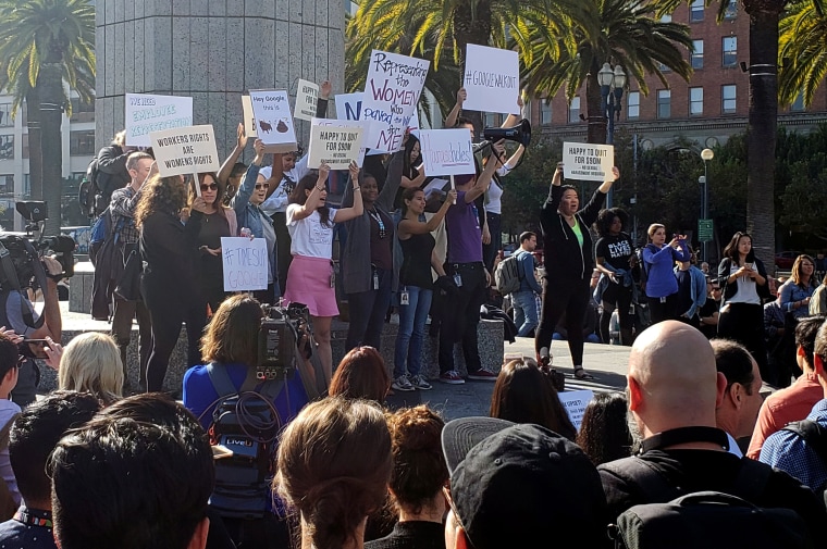 Image: Google employees stage a \"women's walkout\" at their Googleplex offices in Mountain View