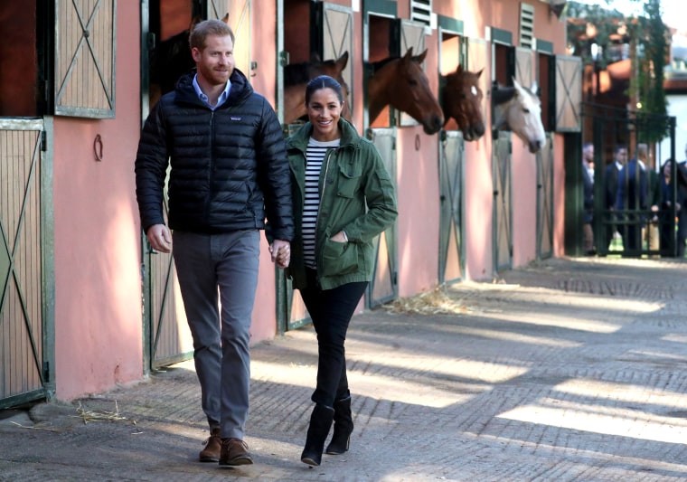 Image: Britain's Prince Harry and Meghan, Duchess of Sussex, visit the Moroccan Royal Federation of Equitation Sports in Rabat on Feb. 25, 2019.