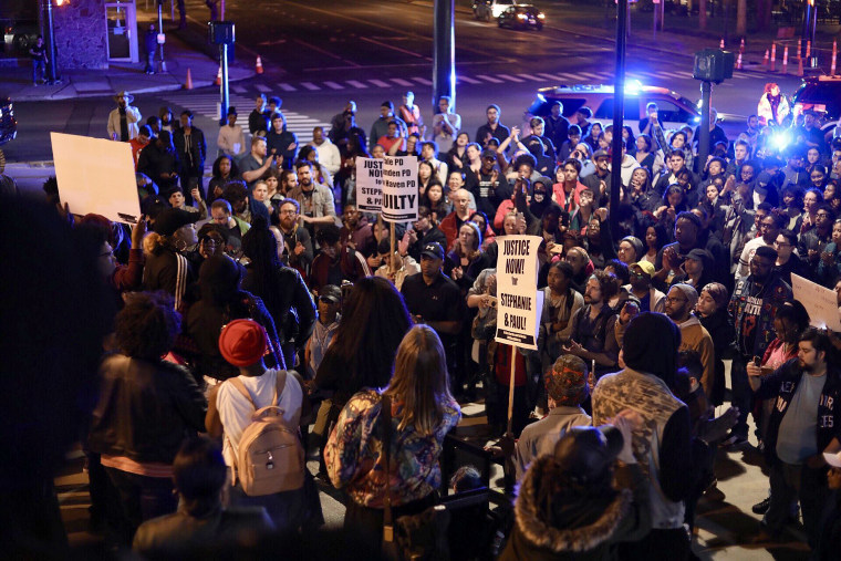 New Haven and Hamden community members marched to the Hamden Police Department to protest the shooting of Stephanie Washington and Paul Witherspoon III.