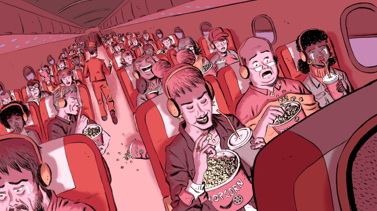 Illustration of airplane passengers eating popcorn and watching movies.