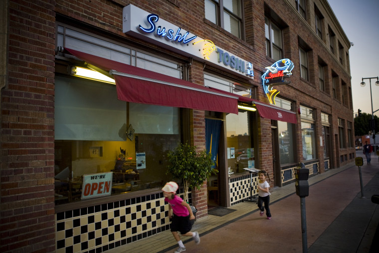 Image: Toshi Sushi, on First Street in the Japantown section of downtown Los Angeles, photographed Oct. 21