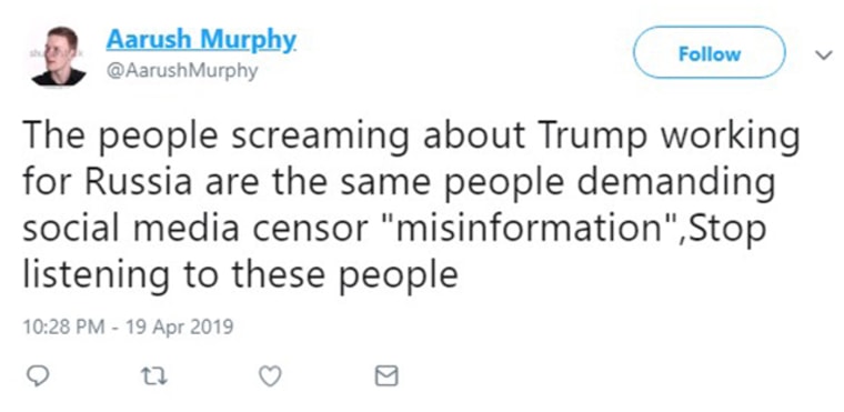 Image: A tweet from Aarush Murphy about social media platforms censoring misinformation.