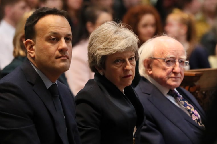 Image: Taoiseach Leo Varadkar, Britain's Prime Minister Theresa May and Ireland's President Michael D. Higgins attend the funeral service for murdered journalist Lyra McKee at St Anne's Cathedral in Belfast, Northern Ireland