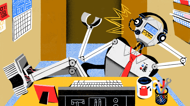 Illustration of a robot making telemarketing calls at an office desk.