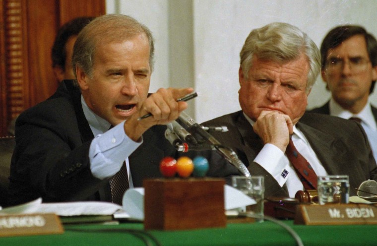 Image: Senate Judiciary Committee Chairman Joe Biden, D-Del., points angrily at Clarence Thomas during comments at the end of hearings on Thomas' nomination to the Supreme Court