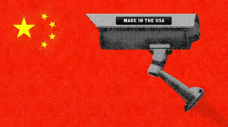 Illustration of surveillance camera with Made in America sticker on a Chinese flag.