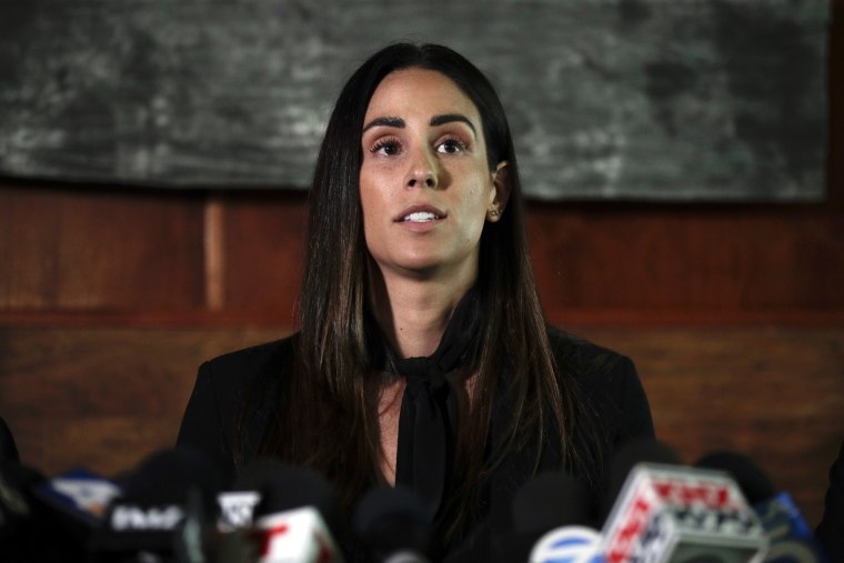 Image: Former sports reporter Kelli Tennant speaks at a news conference in Los Angeles on April 23, 2019.