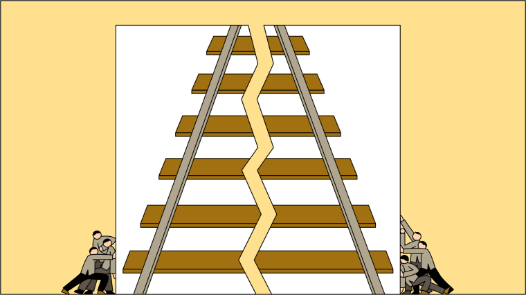 Illustration of railroad workers pushing together an image of a broken railway.