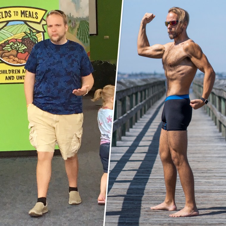 Dustin Worth before and after his 100-pound weight loss.