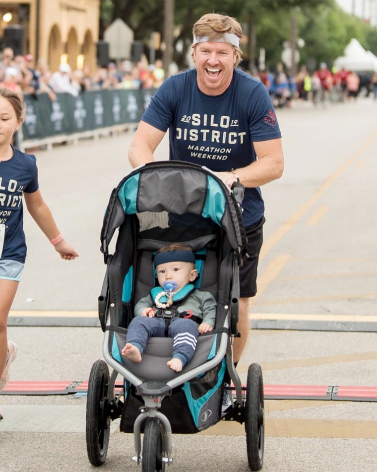 Chip Gaines runs half-marathon with baby Crew by his side