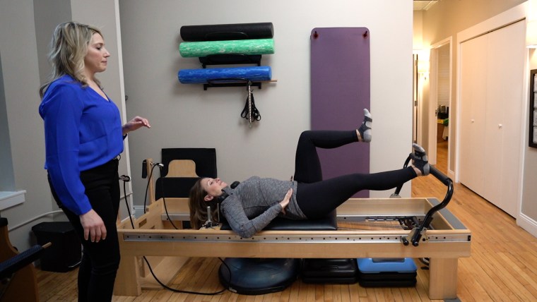 Physical therapist Stacey Futterman Tauriello does special exercises to strengthen muscles and treat urinary incontinence after the birth of her daughter.