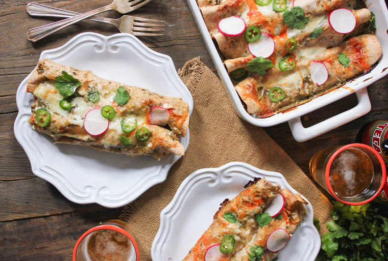 These roasted sweet potato, kale and black bean enchiladas are high in filling fiber and protein.