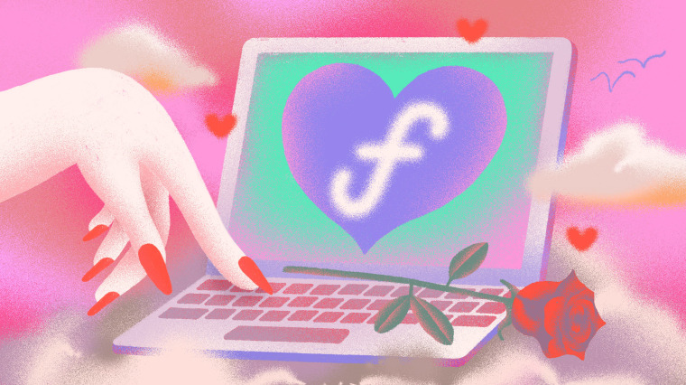 Illustration of hand touching computer with large Facebook logo, hearts and roses decorate the frame.