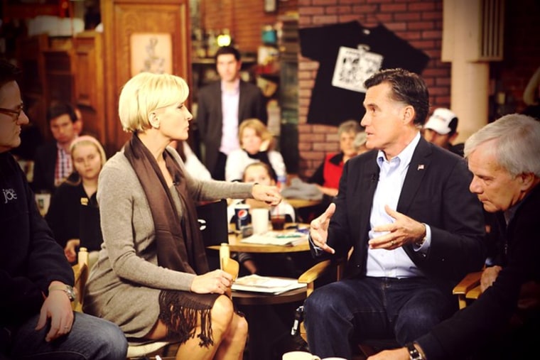 From left to right: Joe Scarborough, Mika Brzezinski, Mitt Romney and Tom Brokaw in January 2012.