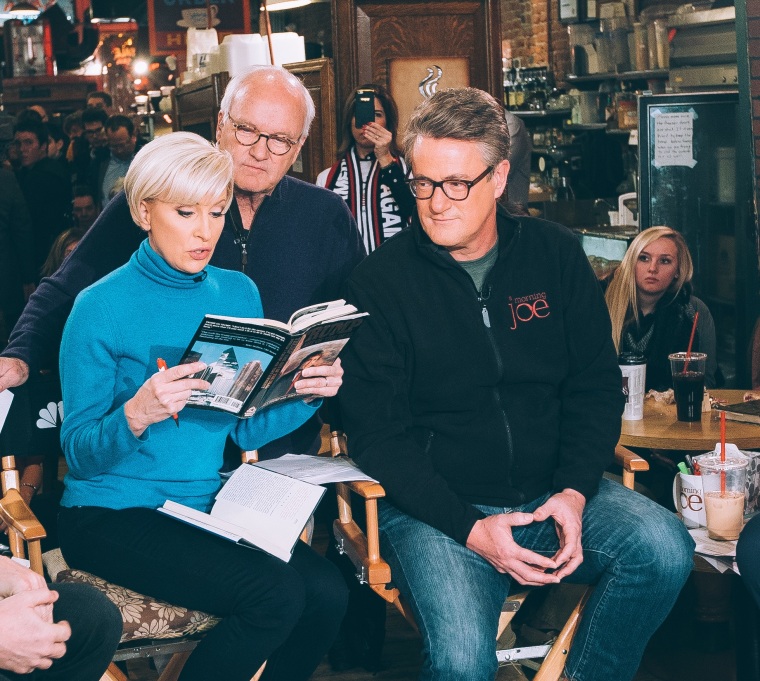 "Morning Joe" co-hosts Mika Brzezinski and Joe Scarborough with senior contributor Mike Barnicle in Des Moines, Iowa on Jan. 15, 2016.