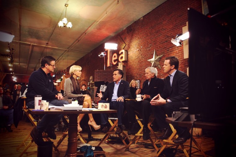 From left to right: Joe Scarborough, Mika Brzezinski, Mitt Romney, Tom Brokaw and Willie Geist on Jan. 4, 2012.