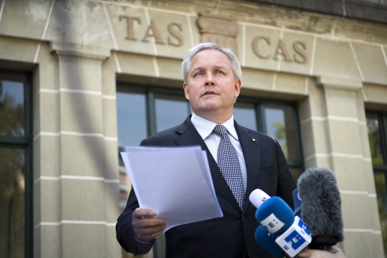 Image: Matthieu Reeb, General Secretary of the Court of Arbitration for Sport, speaks to the media in Lausanne, Switzerland, on May 1, 2019.