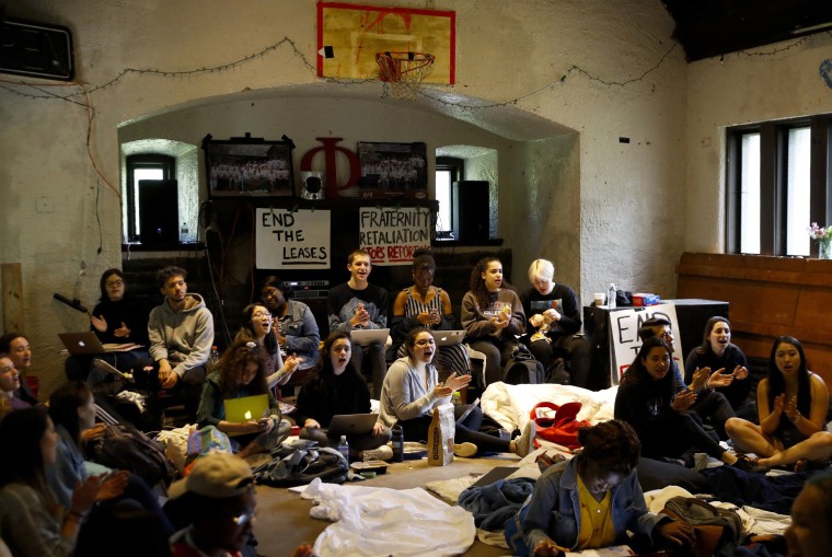 Image: Swarthmore College students participate in a sit-in at the Phi Psi fraternity house in Pennsylvania on April 29, 2019.