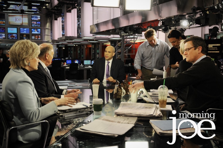 Then-Newark Mayor Cory Booker  talks to former Pennsylvania Gov. Ed Rendell and CBS' Lesley Stahl on the set of "Morning Joe" on March 14. 2011.