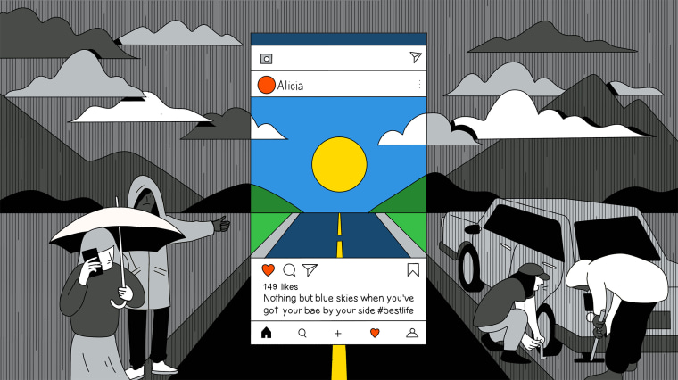 Image: Instagram nemesis, Illustration of a phone screen displaying an Instagram post of a sunny day while the background shows a broken down car on a rainy day