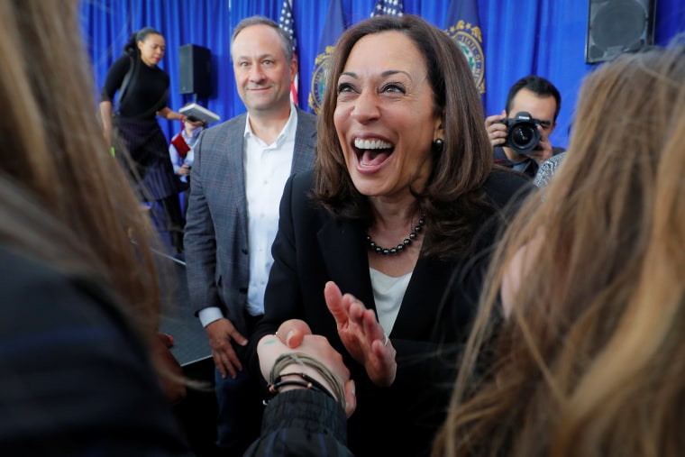 Image: Democratic 2020 U.S. presidential candidate Harris greets audience members during a campaign stop in Keene