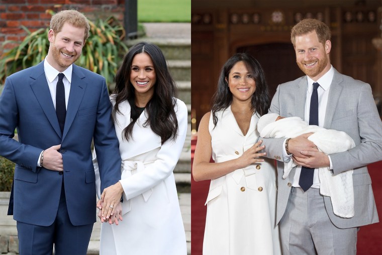 Meghan Markle and Prince Harry during their engagement and newborn baby announcements.